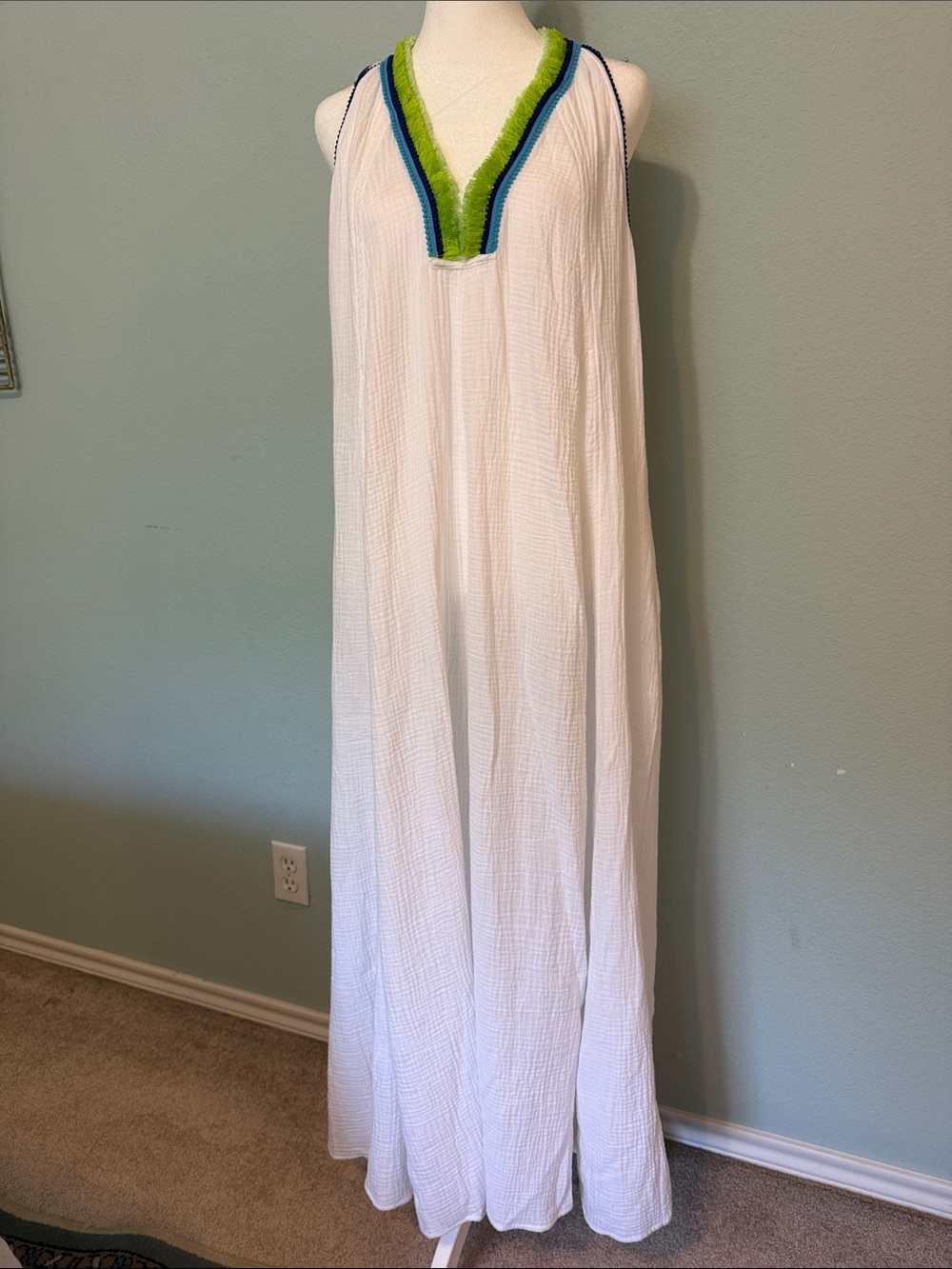 Magaschoni White Maxi Dress with Lime Green and Navy Trim